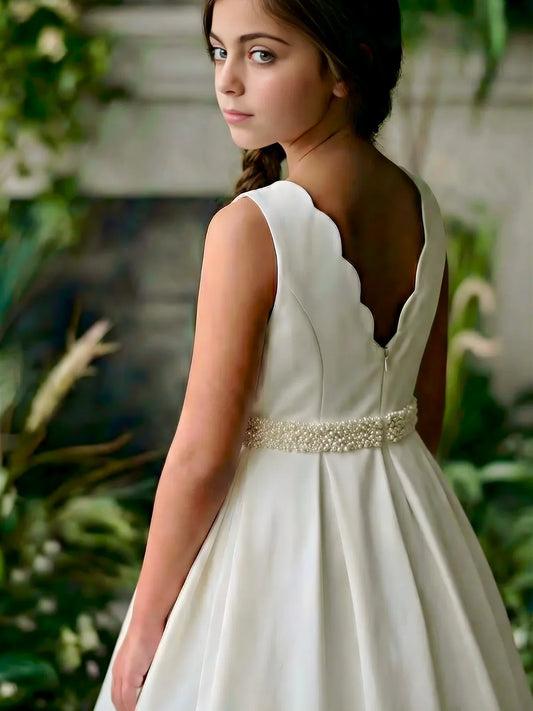 Teter Warm Girl's Satin Communion Dress Beaded Waist: Delara Dress