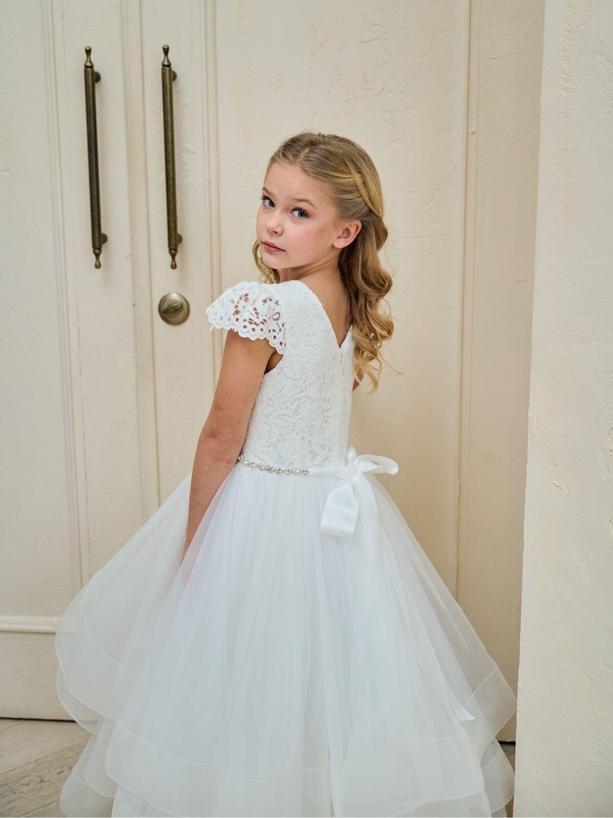 Teter Warm Lace Puff Sleeves Pure White Communion Dress (Size 8, 10) )