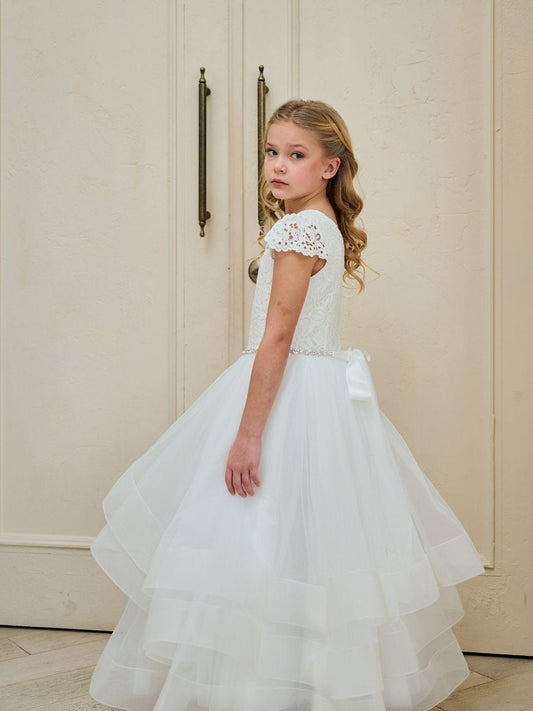 Teter Warm Lace Puff Sleeves Pure White Communion Dress (Size 8, 10) )