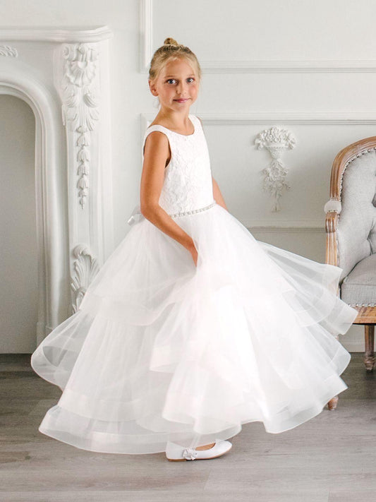 Teter Warm Sleeveless Lace Top Long Cascade V-Back Communion Dress (Size 4, 6, 8, 10)