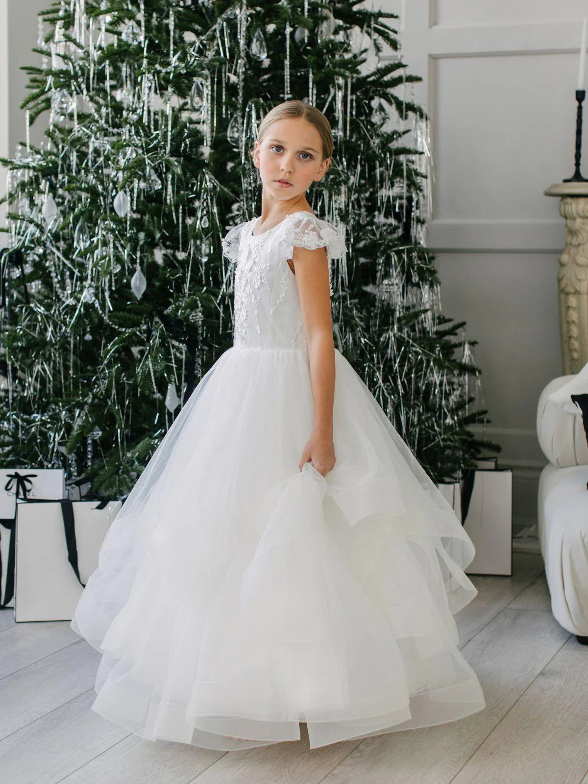 Teter Warm Girl's Communion Dress Off White Lace Tulle - Amara (All sizes available)