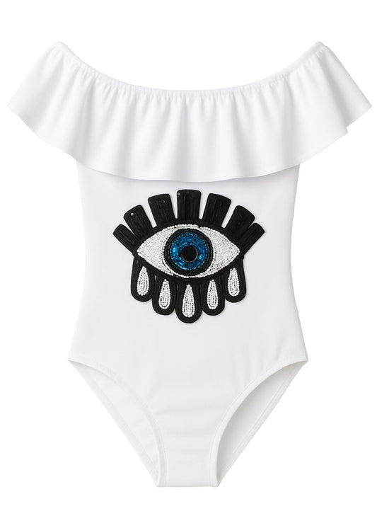 White Sequin Eye Swimsuit