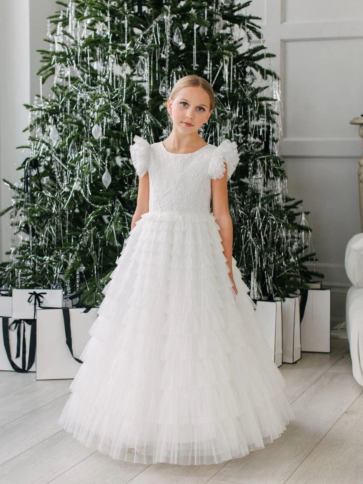 simple cotton communion dresses Puffed Sleeves Lace and Satin First Communion Dress Celestial 3302 Pre-order 2-3 years / As in the photo (Ivory)