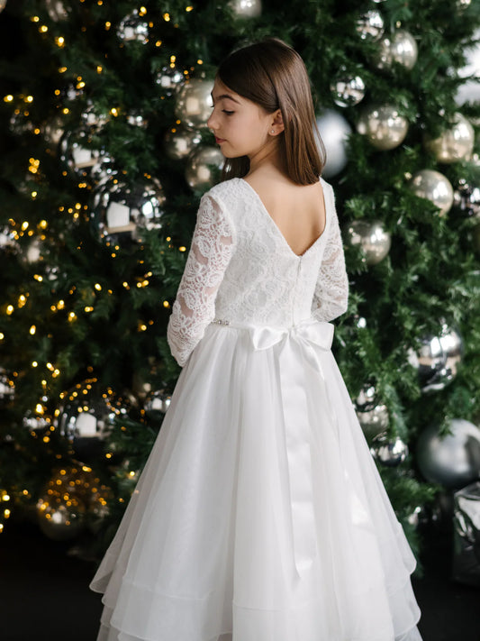 Teter Warm Talula Lace & Tiered Horsehair Communion Dress with 3/4 Sleeves for Girls