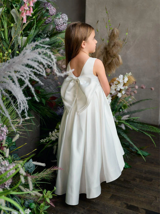 Teter Warm Girl's Off White Satin Flower Girl Dress with Big Bow - Pixie (Size 2, 3, 4)