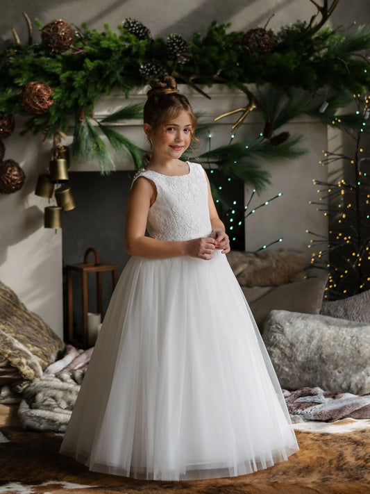 Teter Warm Girl's Communion and Flower Girl Off White Lace Tulle Dress: Danica Dress
