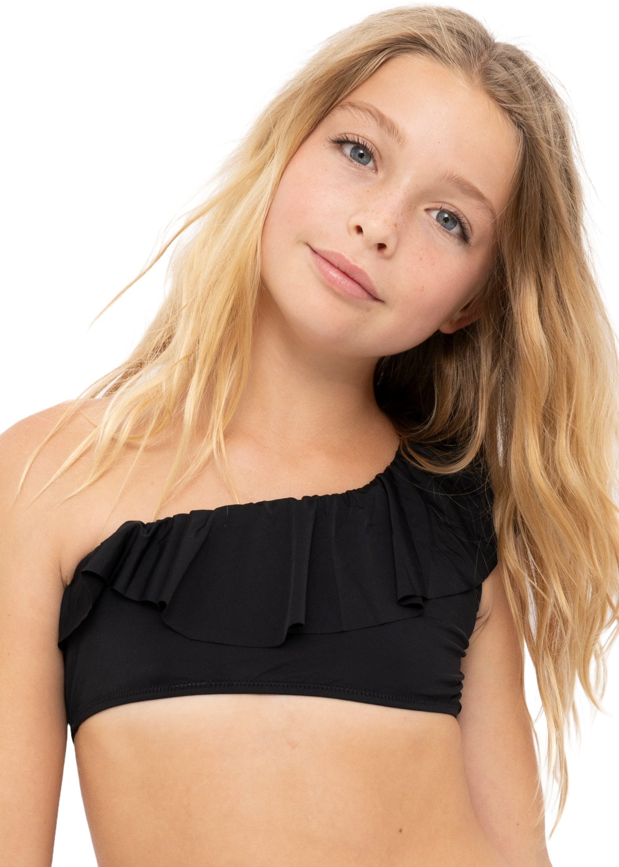 Black One Shoulder Bikini with Aqua Sequin Belt