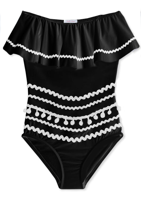 Black Swimsuit with Ric Rac N Pom Poms