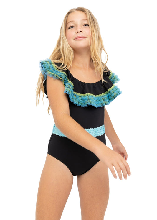 Black Swimsuit with Anemone Fringe & Aqua Sequin Belt
