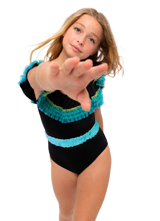 Black Swimsuit with Anemone Fringe & Aqua Sequin Belt