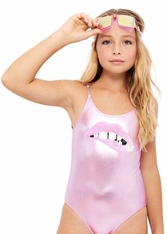 Metallic Pink Swimsuit with Sequin Lip