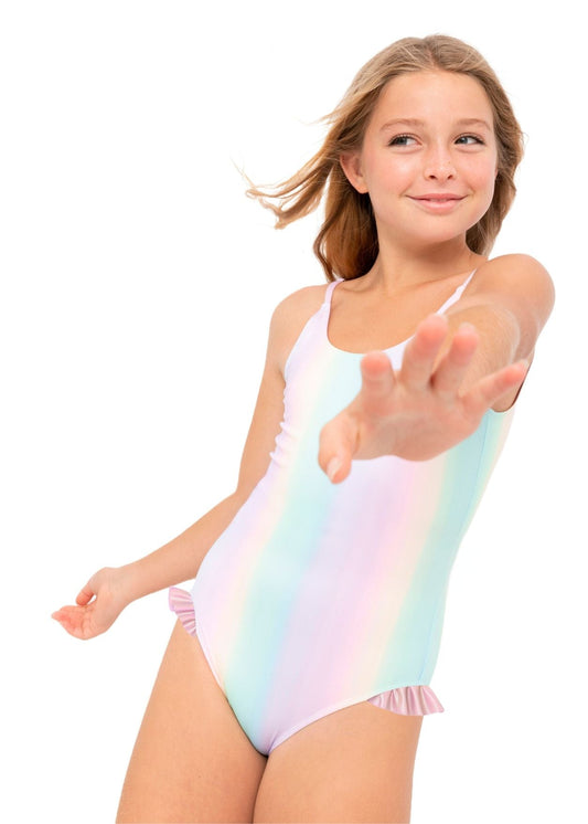 Rainbow Swimsuit with Pink Metallic Ruffles