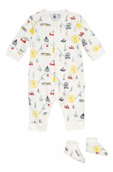 Petit Bateau BABY BOY LS PRINTED ROMPER WITH BOOTIES