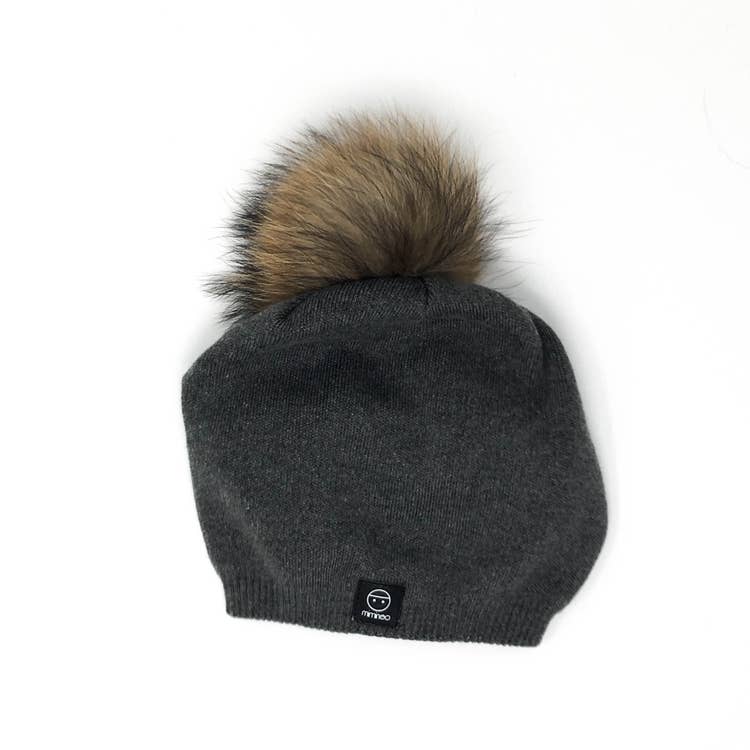 Lean Back Charcoal Adult with Large Natural Removable Pompom (One Size)