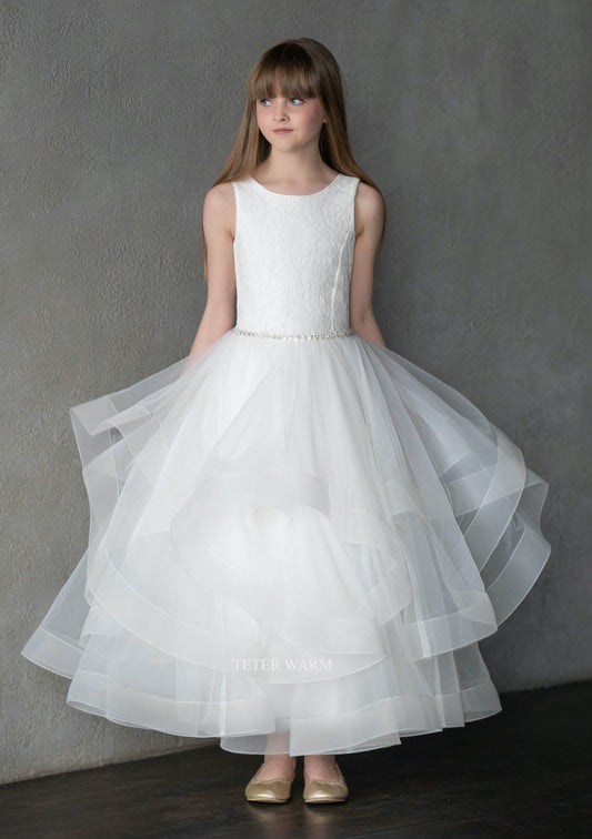 Teter Warm Sleeveless Lace Top Long Cascade V-Back Communion Dress (Size 4, 6, 8, 10)