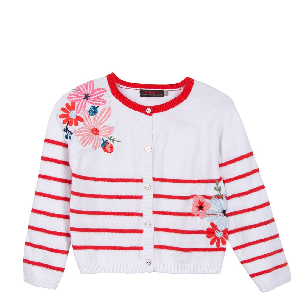 Catimini Red/White Stripe Cardigan With Floral Details (Size 5