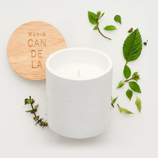The MUNIO Peppermint Candle in White Ceramic Votive