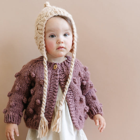 Hand Knit Popcorn Cardigan in Mauve (2-4Y)