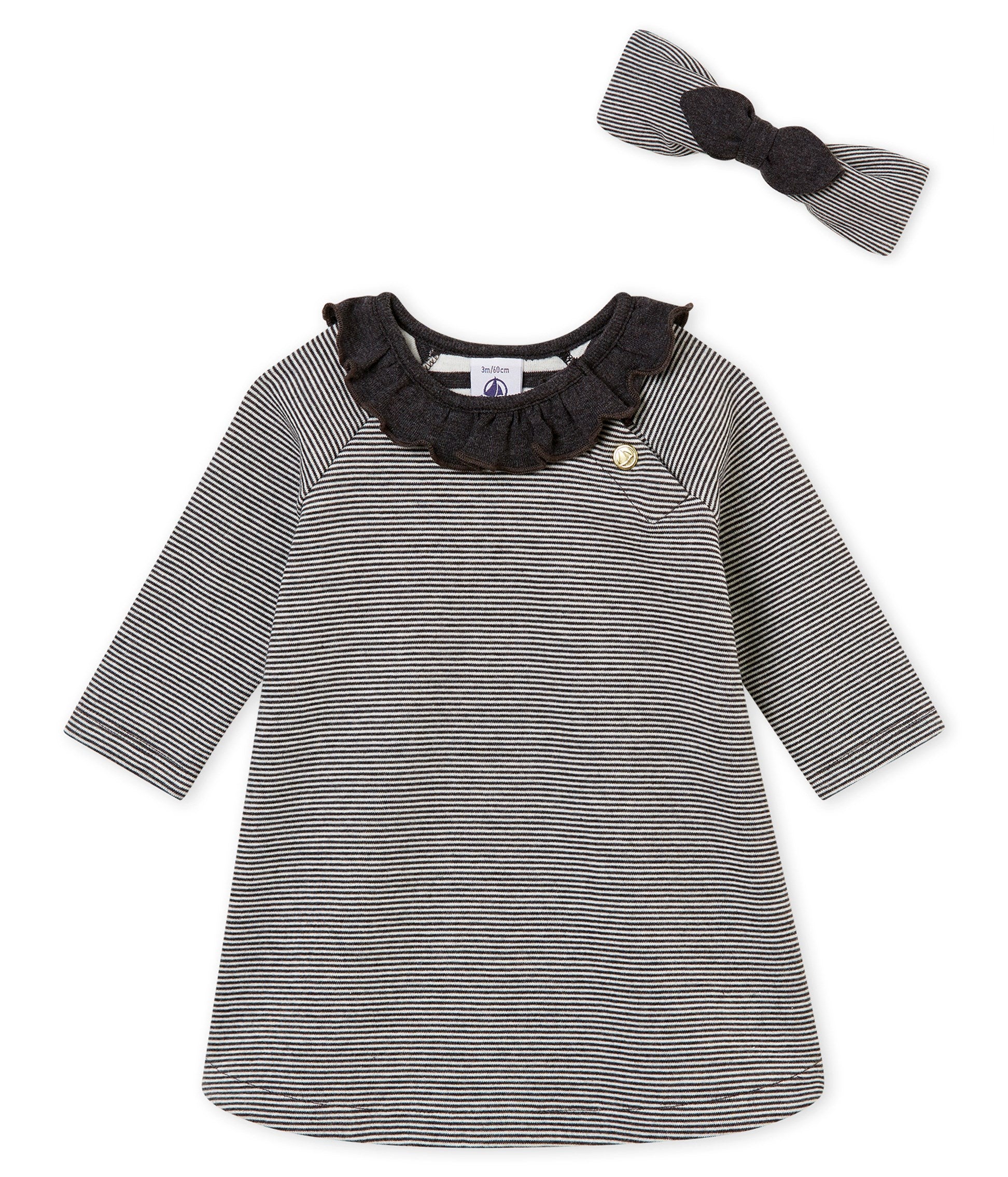 Petit Bateau Baby Girl PC Set Long Sleeve Striped Dress and Headband (6m, 12m)