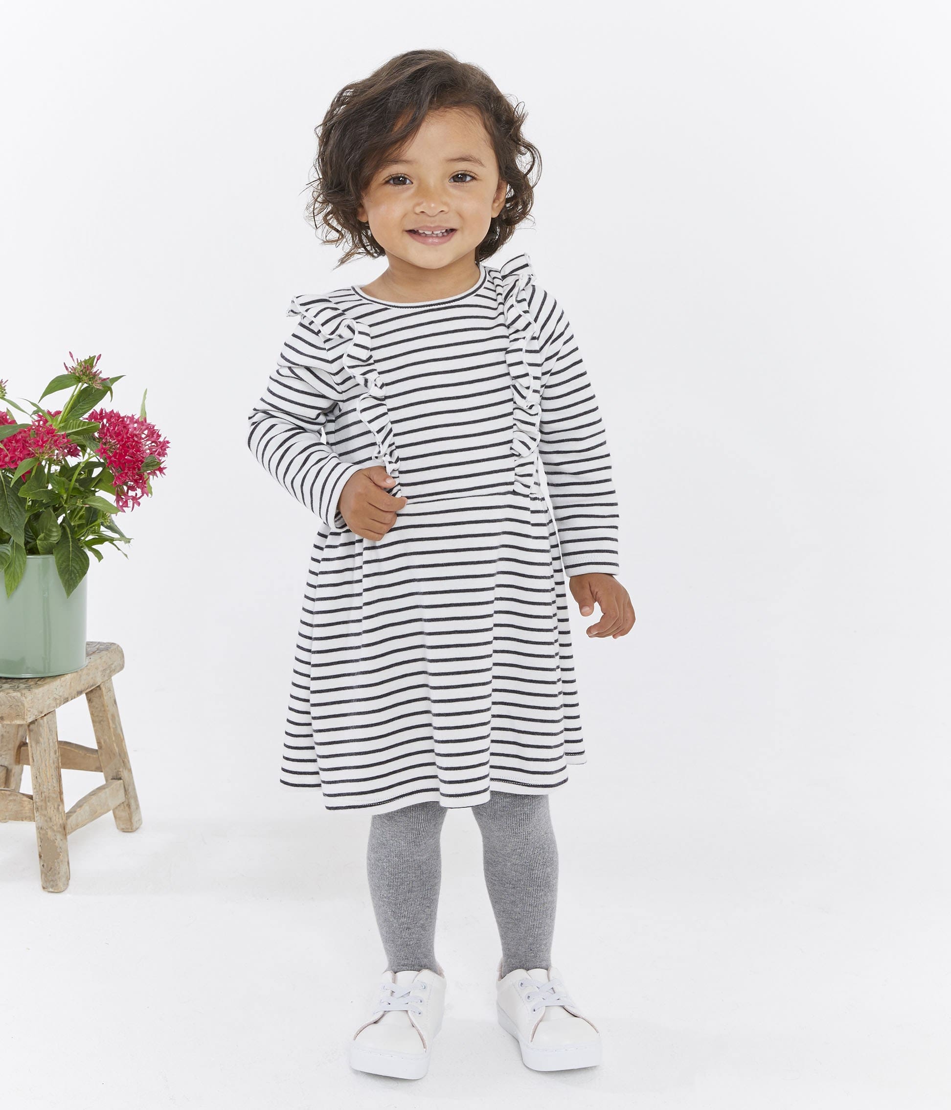 Petit Bateau Baby Girl Long Sleeve Striped Dress with Ruffles (3m, 6m, 24m, 36m)
