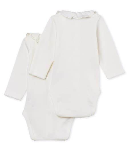 Petit Bateau Baby Girl Long-Sleeved Bodysuit with Collar - Set of 2
