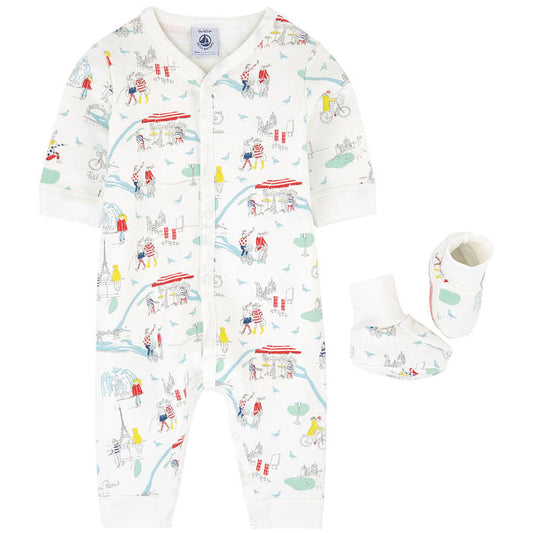 Petit Bateau Printed Long Sleeve Romper with Booties (Size 1m, 3m)