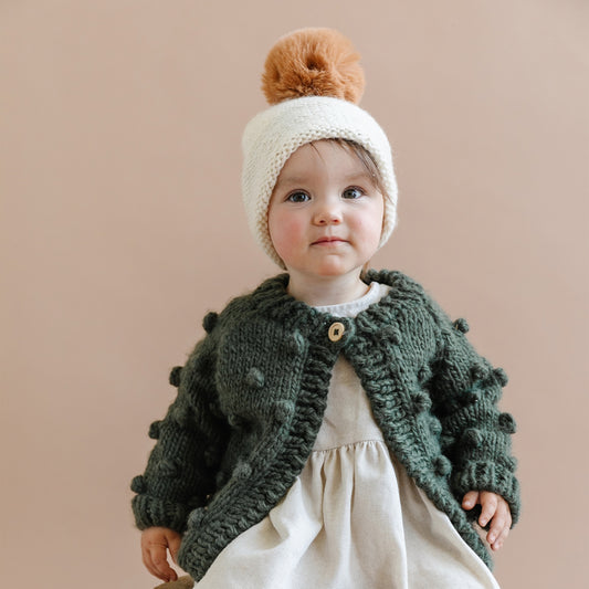 Hand Knit Popcorn Cardigan in Olive (12-24m)
