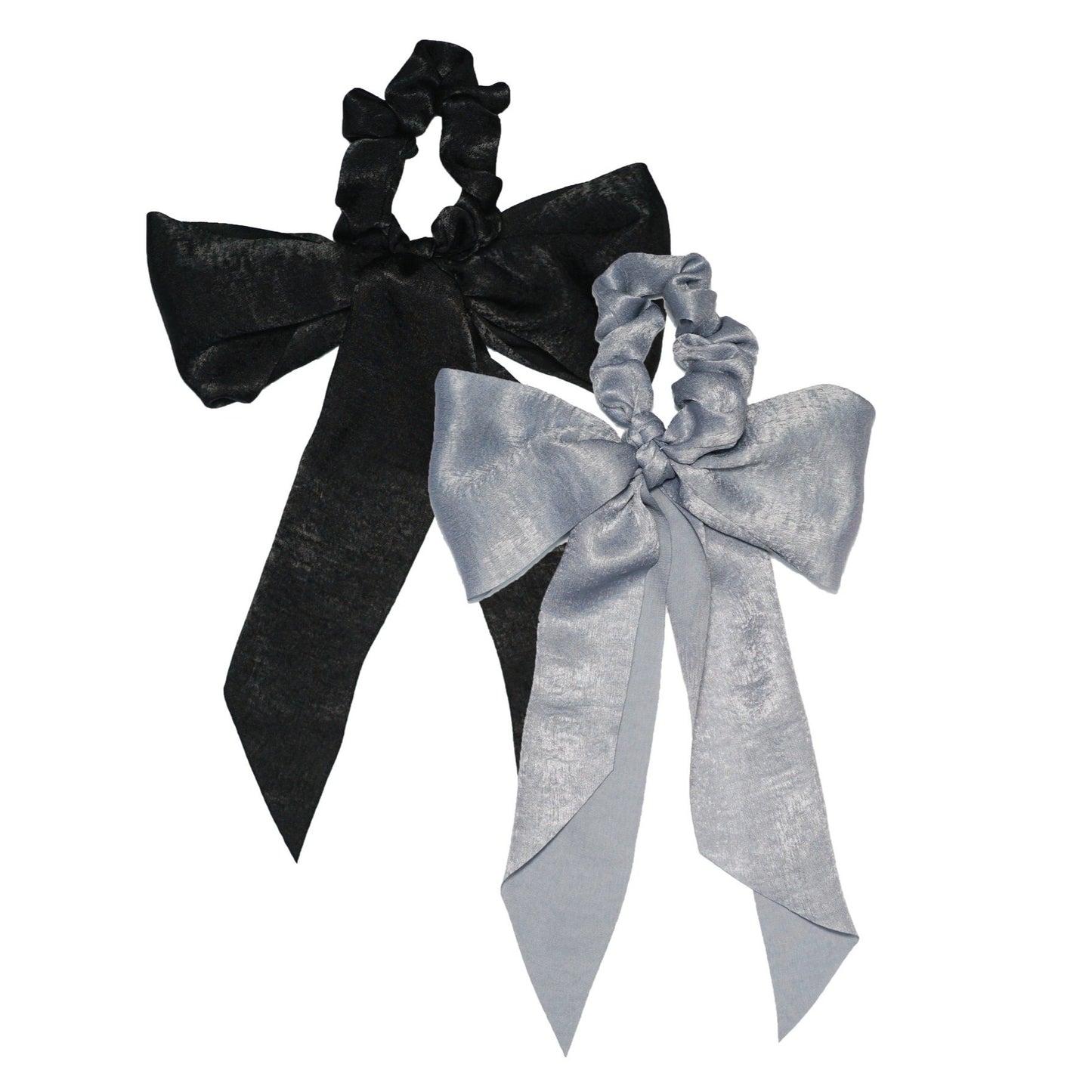 Satin Bow Scarf Scrunchies - Black/Gray