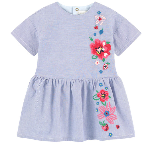 Catimini Dress With Microstripes and Embroidery