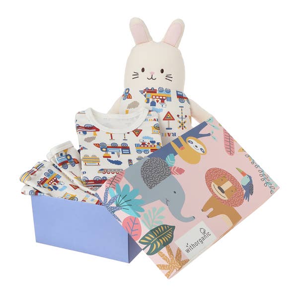 Organic Pajama Set with Matching Security Doll - Train World (Size 12m, 2T, 3T, 5T)