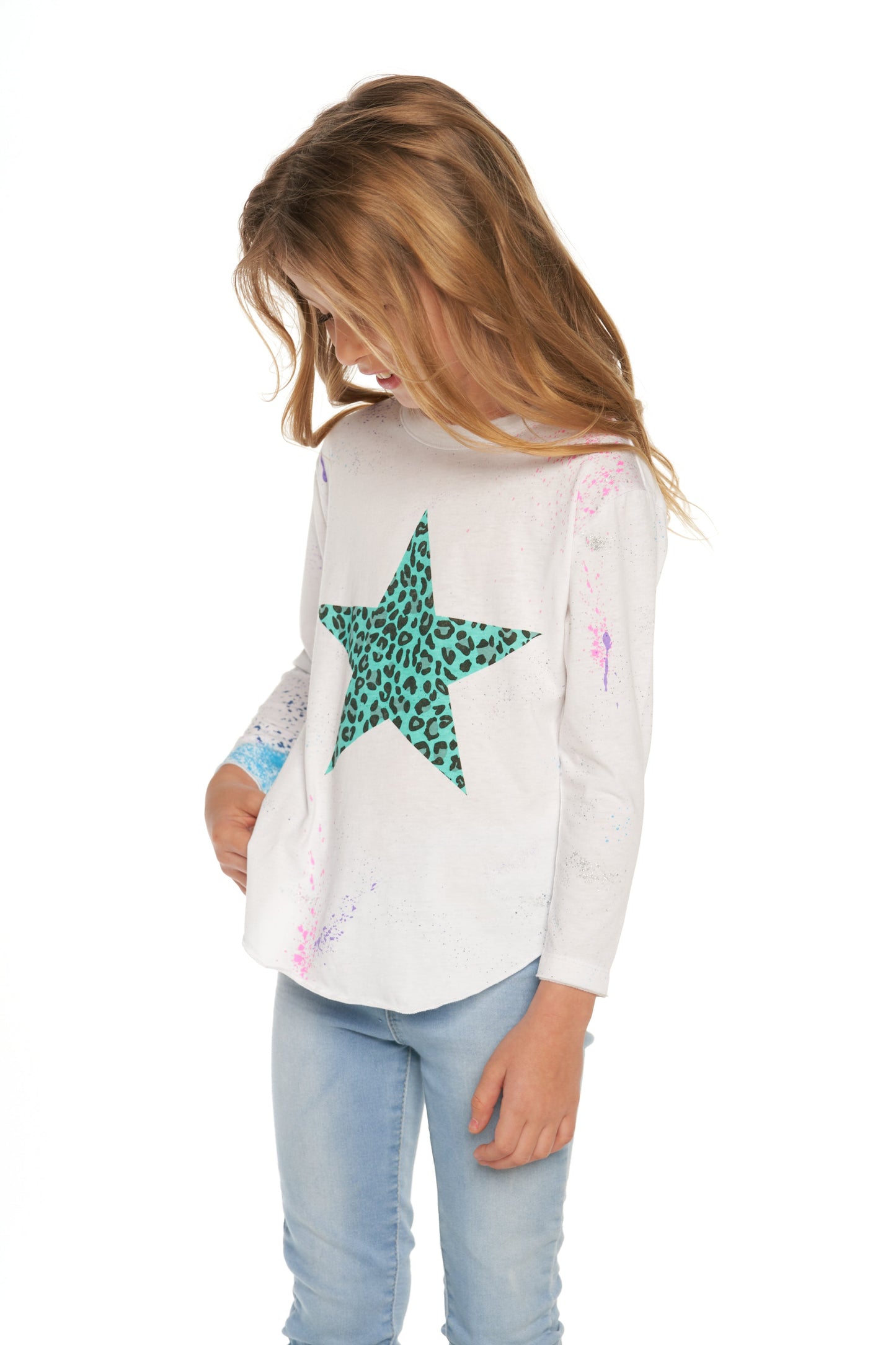 Chaser Girl's Long Sleeve T-shirt Splatter Paint Animal Heart (Size 7)