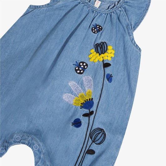 Catimini Baby Girl Light Denim Playsuit with Embroidered Mimosas (3m, 6m, 12m, 18m, 3Y, 4Y)