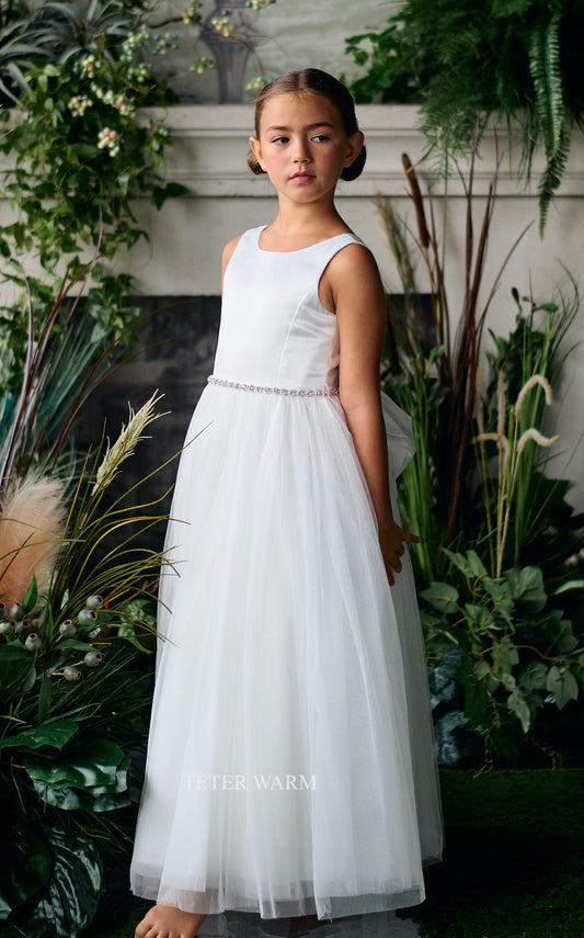 Teter Warm White Satin Communion Dress with Big Bow