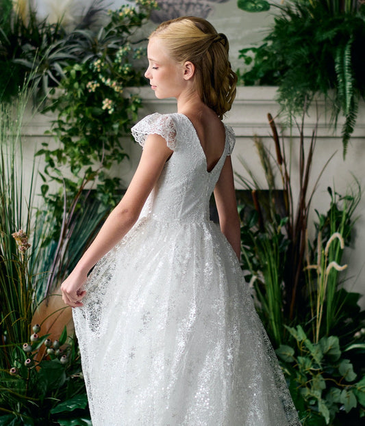 Teter Warm Lace Overlay Cap Sleeve Communion Dress with V-back (Size 8)