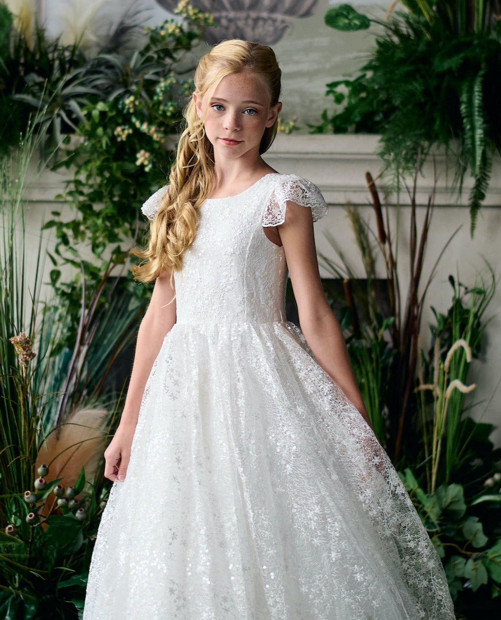 Teter Warm Lace Overlay Cap Sleeve Communion Dress with V-back (Size 8)