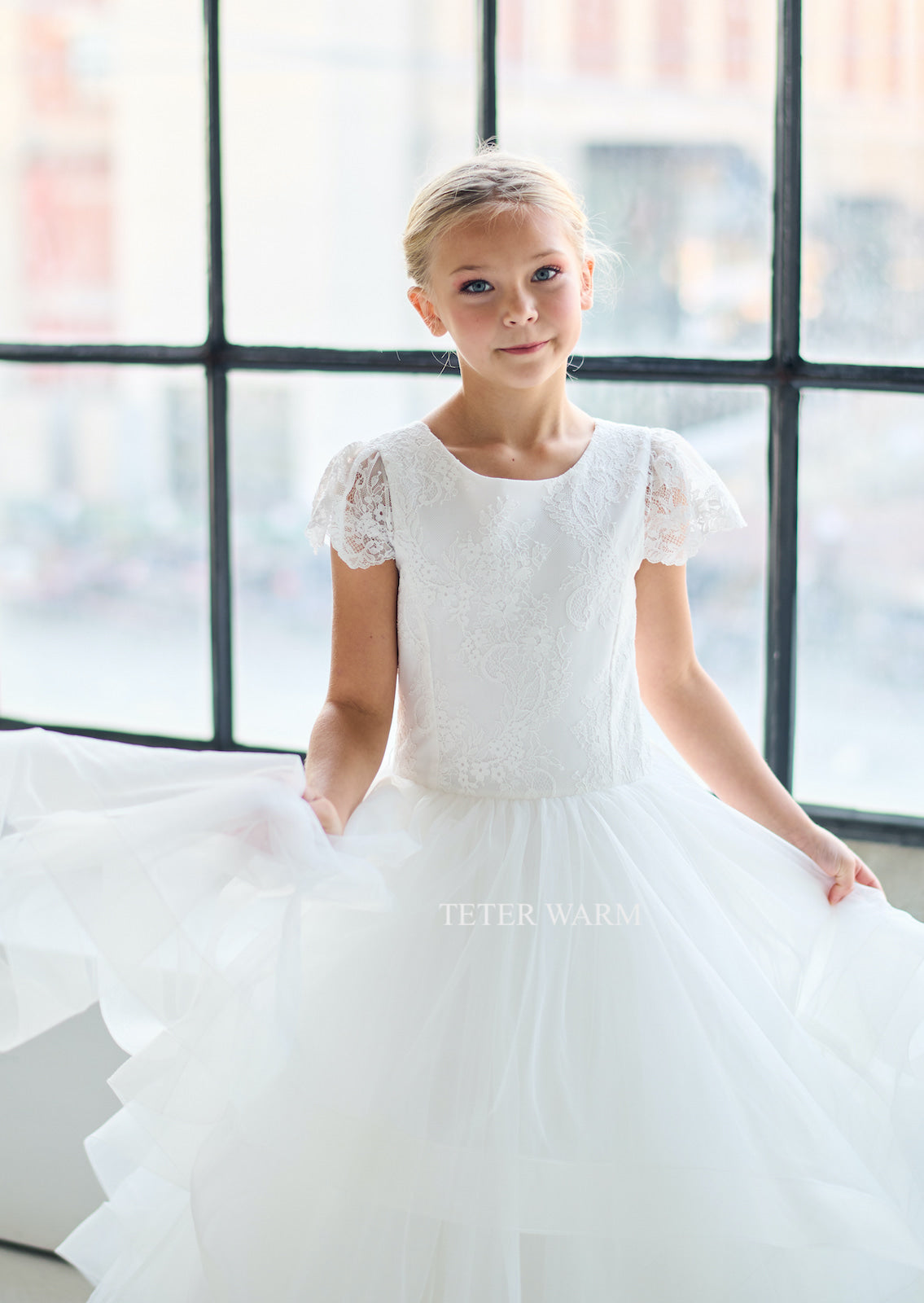 Teter Warm Cap Sleeve Communion Dress with Lace Bodice (Size 8, 10)