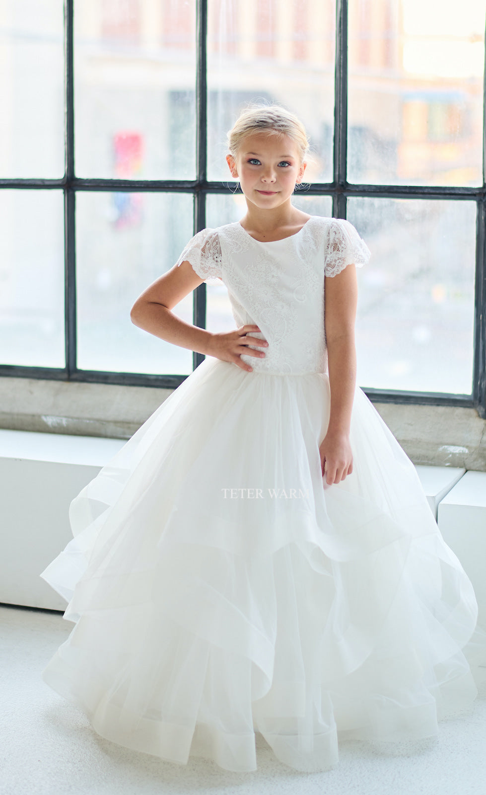 Teter Warm Cap Sleeve Communion Dress with Lace Bodice (Size 8, 10)