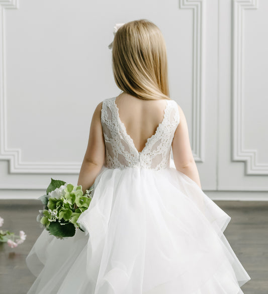 Teter Warm V-Line Back Lace Flower Girl Dress in Peach