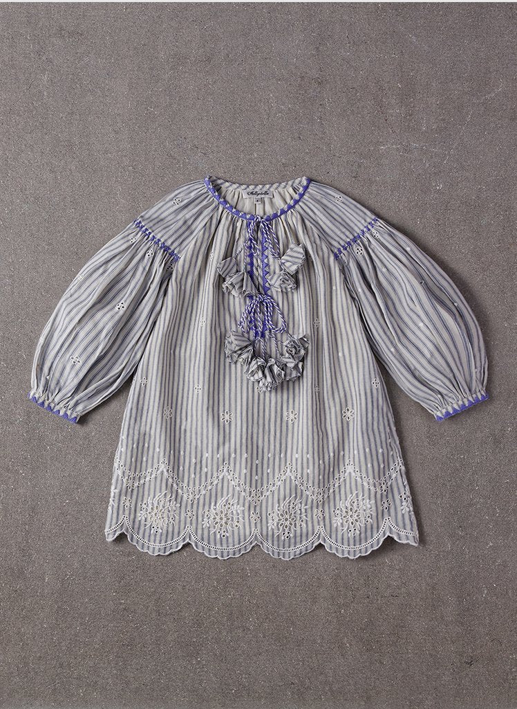 Nellystella Laliya Dress in Cotton Stripe Blue & Ecru (2Y)