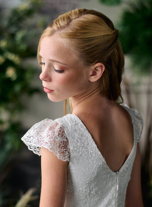 Teter Warm Lace Overlay Cap Sleeve Communion Dress with V-back (Size 8)