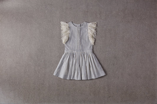 Nellystella Zoe Dress in Cotton Stripe Blue & Ecru (Size 3)
