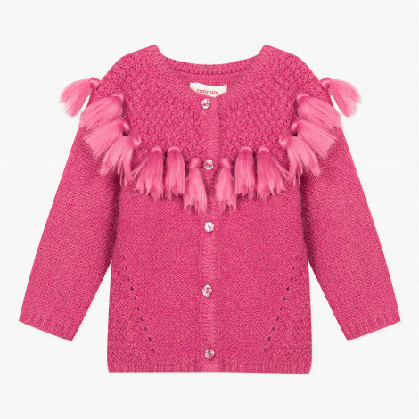 Catimini Little Girl Raspberry Soft Cardigan with Pompoms (Size 6m, 12m, 2A, 3A)