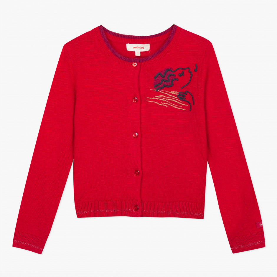 Catimini Girl's Red Knitted Cardigan with Velvet Embroidery (2, 3, 14)