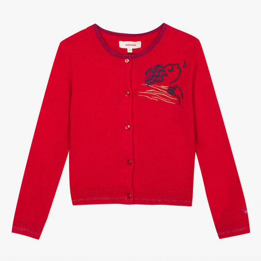 Catimini Girl's Red Knitted Cardigan with Velvet Embroidery (2, 3, 14)