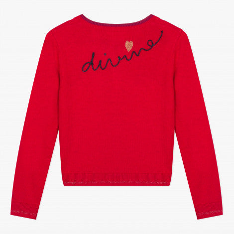 Catimini Girl's Red Knitted Cardigan with Velvet Embroidery (2, 3, 14)