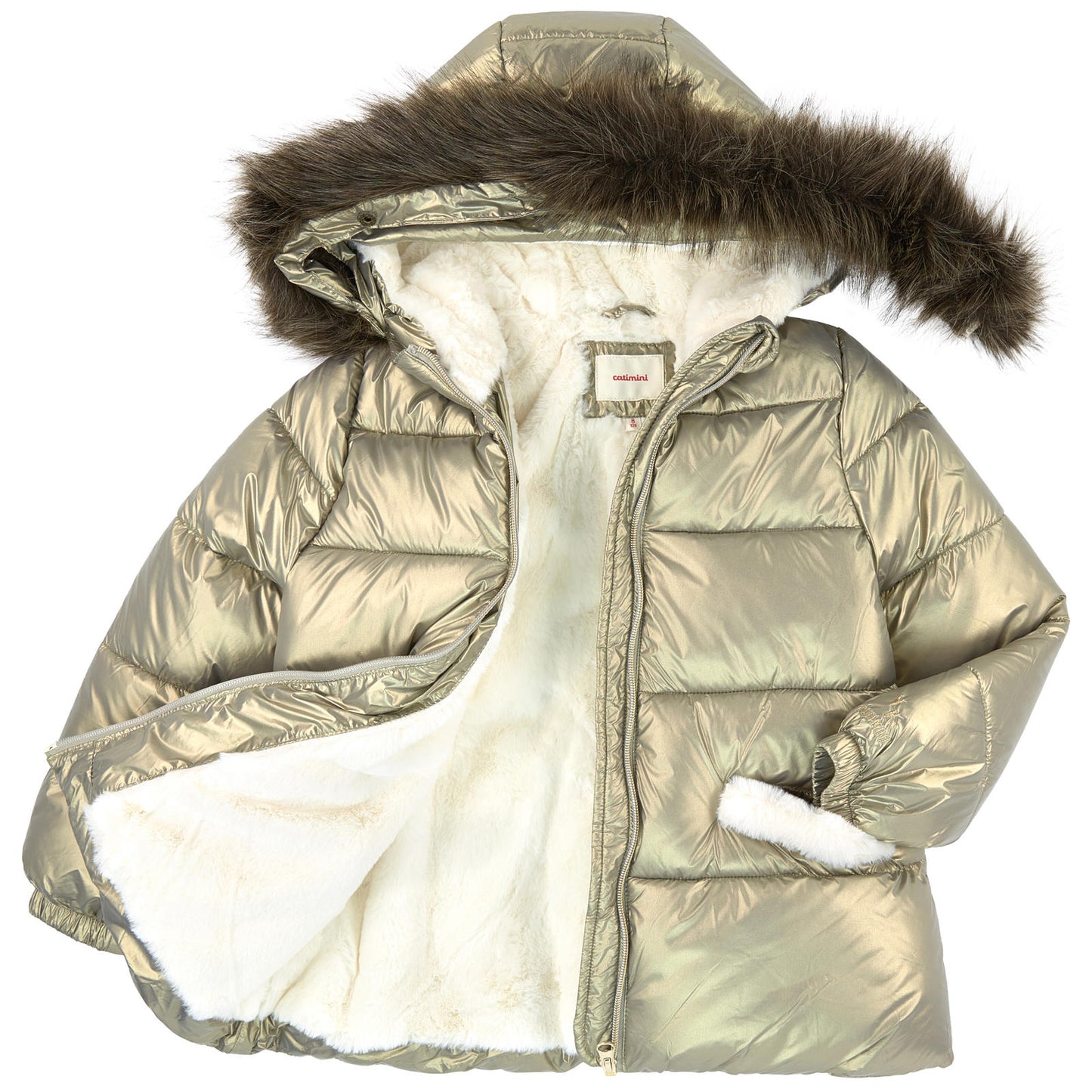 Catimini Matte Golden Puffa Jacket with Faux Fur Hood & Matching Mitten (Size 3)