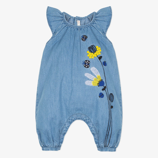Catimini Baby Girl Light Denim Playsuit with Embroidered Mimosas (3m, 6m, 12m, 18m, 3Y, 4Y)