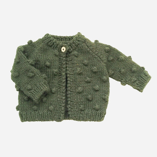 Hand Knit Popcorn Cardigan in Olive (12-24m)