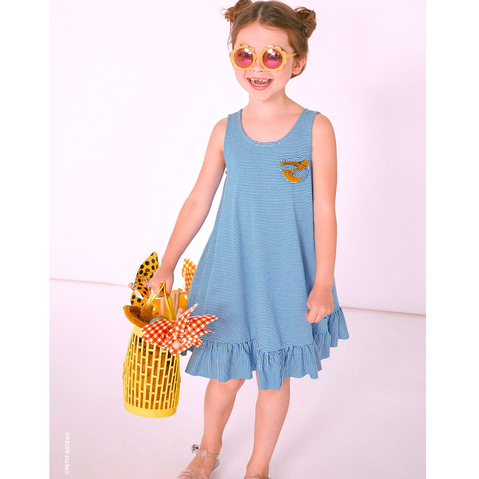 Petit Bateau Girl's Striped Flared Dress Ruffle Bottom Petit Bateau Girl's Striped Flared Dress Ruffle Bottom
