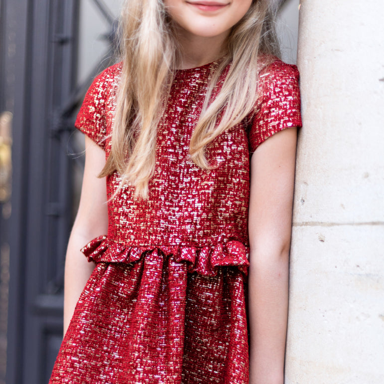 red lurex dress Sail to Sable Red Lurex Long Sleeve Smocked Waist Midi Dress Red TROPICAL BLOCK PRINT / L / H25372